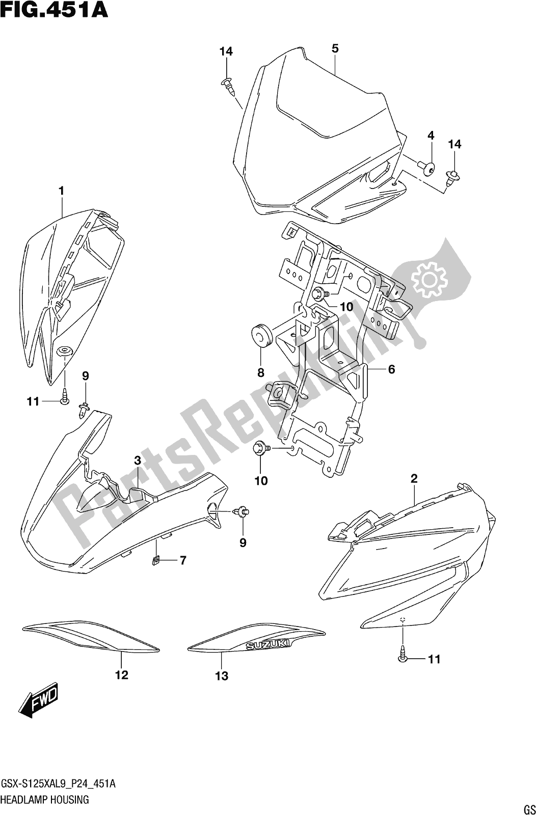 Tutte le parti per il Fig. 451a Headlamp Housing del Suzuki Gsx-s 125 XA 2019