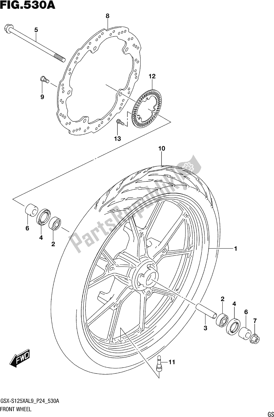 All parts for the Fig. 530a Front Wheel of the Suzuki Gsx-s 125 XA 2019