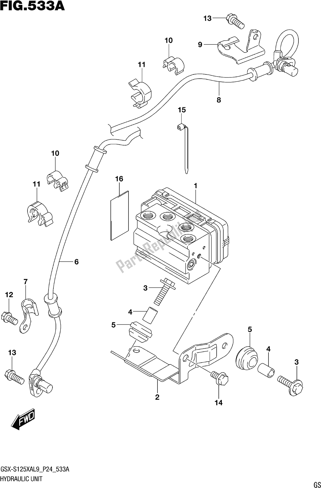 All parts for the Fig. 533a Hydraulic Unit of the Suzuki Gsx-s 125 XA 2019