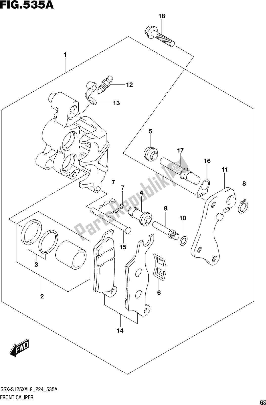 All parts for the Fig. 535a Front Caliper of the Suzuki Gsx-s 125 XA 2019