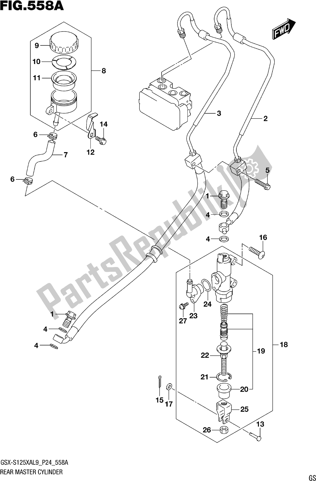 All parts for the Fig. 558a Rear Master Cylinder of the Suzuki Gsx-s 125 XA 2019