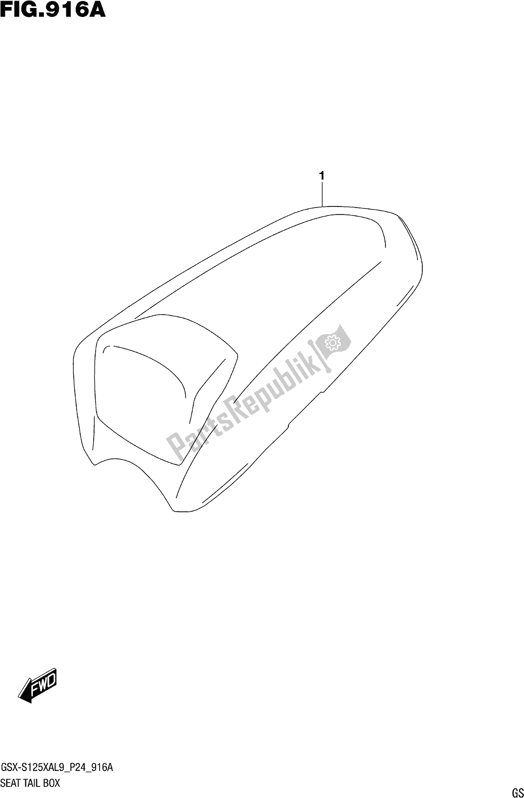 All parts for the Fig. 916a Seat Tail Box (optional) of the Suzuki Gsx-s 125 XA 2019