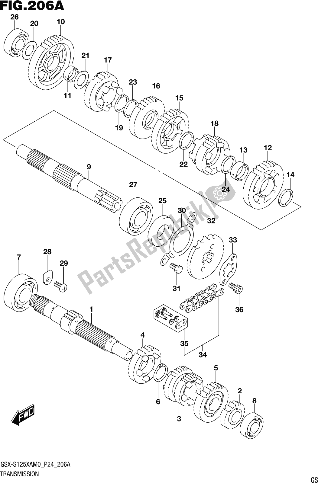 Tutte le parti per il Fig. 206a Transmission del Suzuki Gsx-s 125 XA 2020