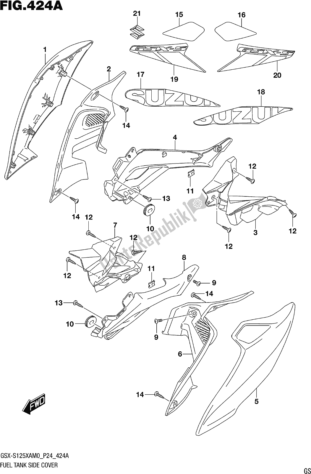 Toutes les pièces pour le Fig. 424a Fuel Tank Side Cover du Suzuki Gsx-s 125 XA 2020