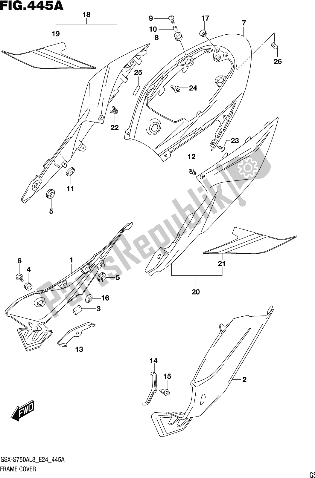 Todas as partes de Fig. 445a Frame Cover (gsx-s750al8 E24) do Suzuki Gsx-s 750A 2018