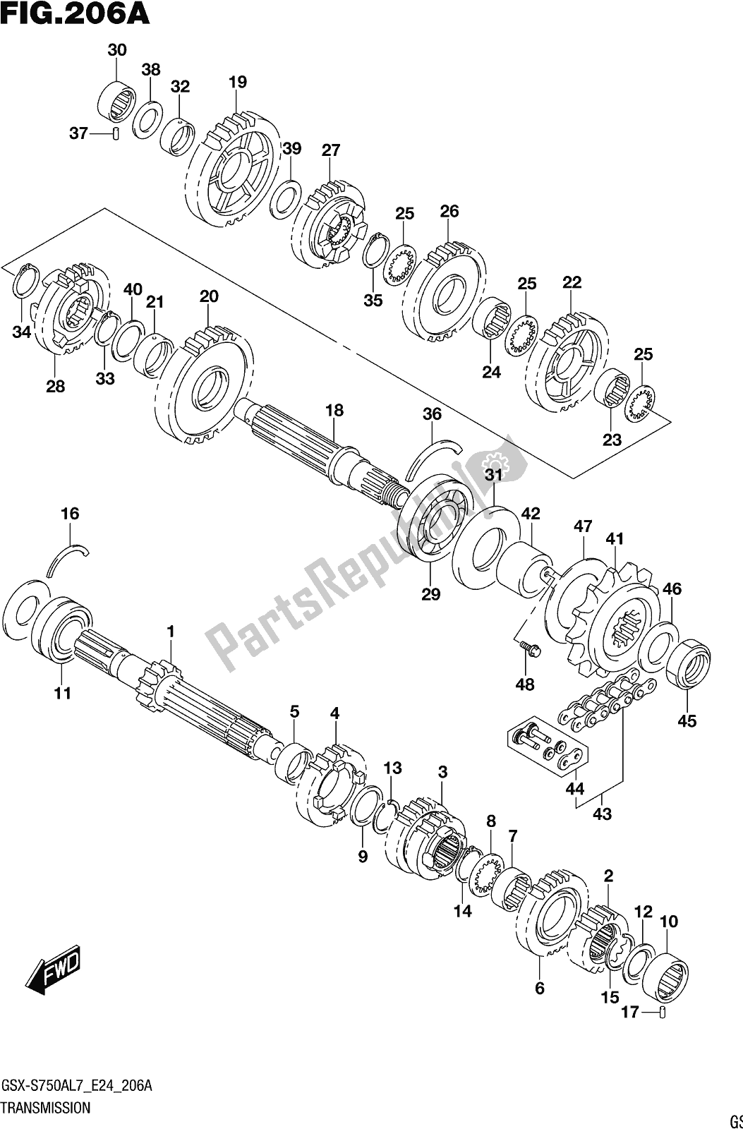 All parts for the Fig. 206a Transmission of the Suzuki Gsx-s 750 AZ 2017