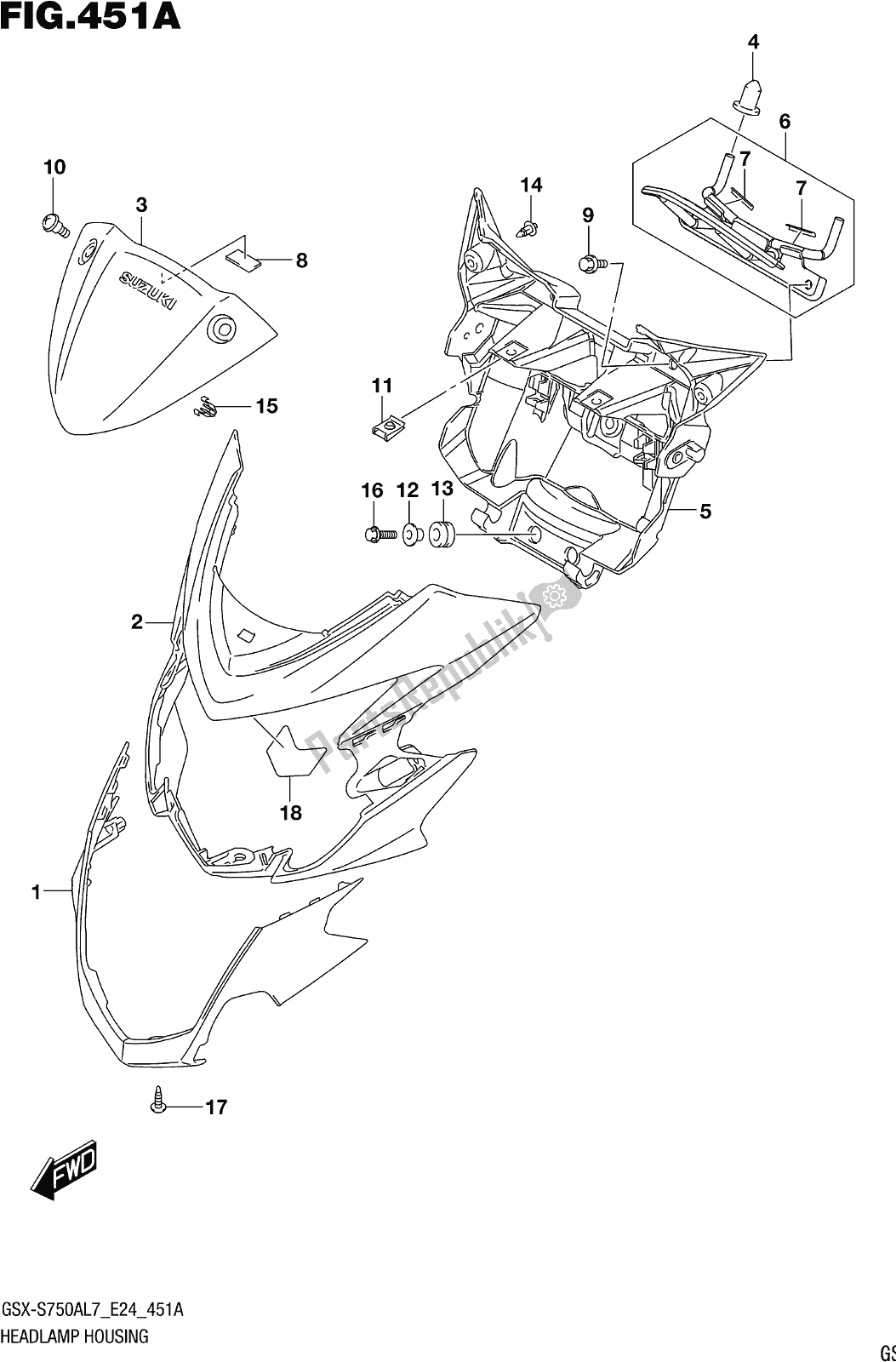 All parts for the Fig. 451a Headlamp Housing of the Suzuki Gsx-s 750 AZ 2017