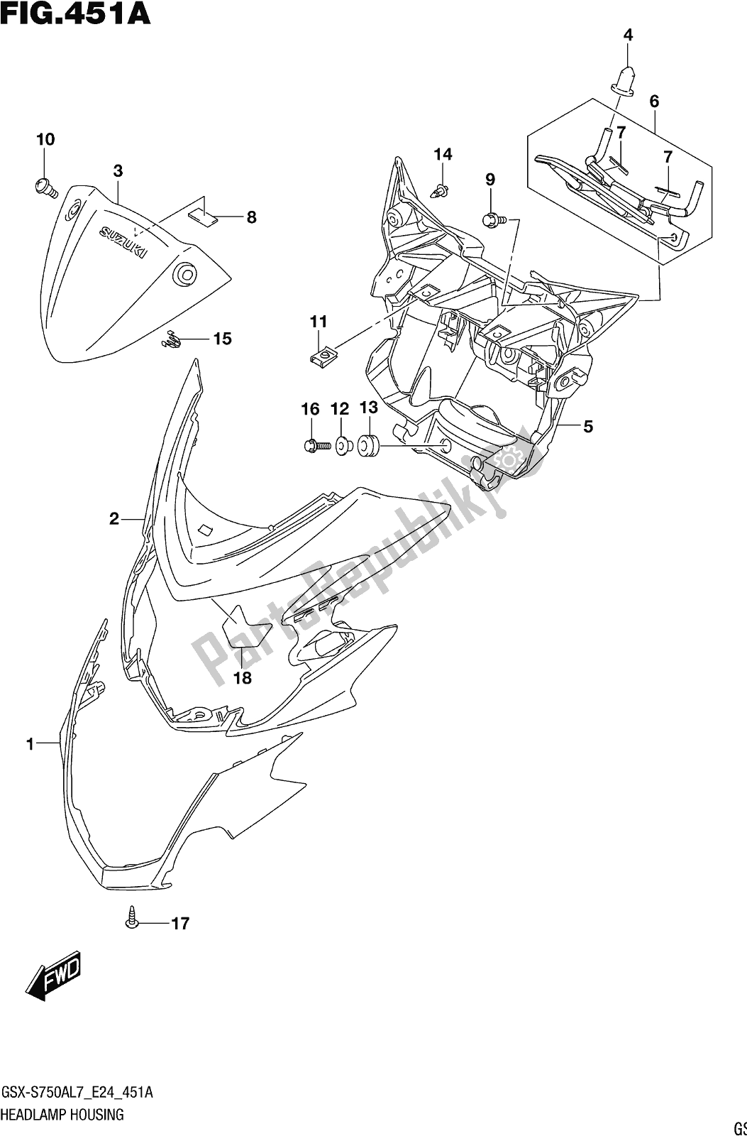 All parts for the Fig. 451a Headlamp Housing of the Suzuki Gsx-s 750 AZ 2017