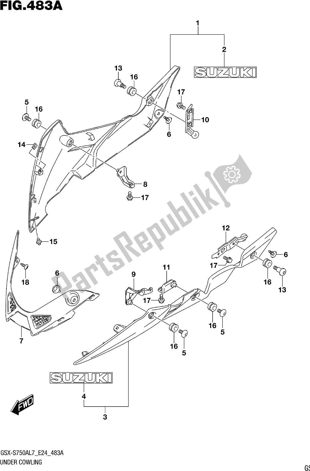 Alle onderdelen voor de Fig. 483a Under Cowling van de Suzuki Gsx-s 750 AZ 2017