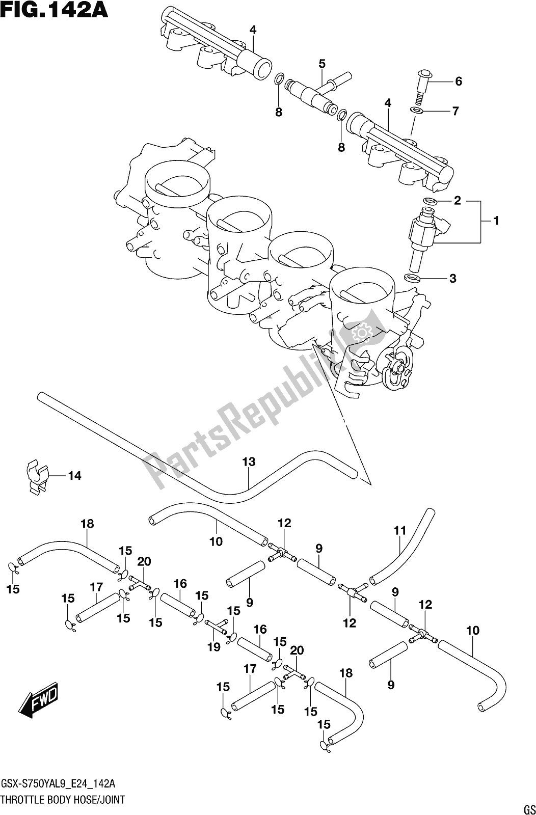 Alle onderdelen voor de Fig. 142a Throttle Body Hose/joint van de Suzuki Gsx-s 750 YA 2019
