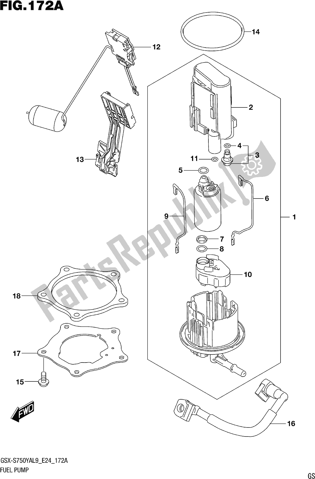 All parts for the Fig. 172a Fuel Pump of the Suzuki Gsx-s 750 YA 2019