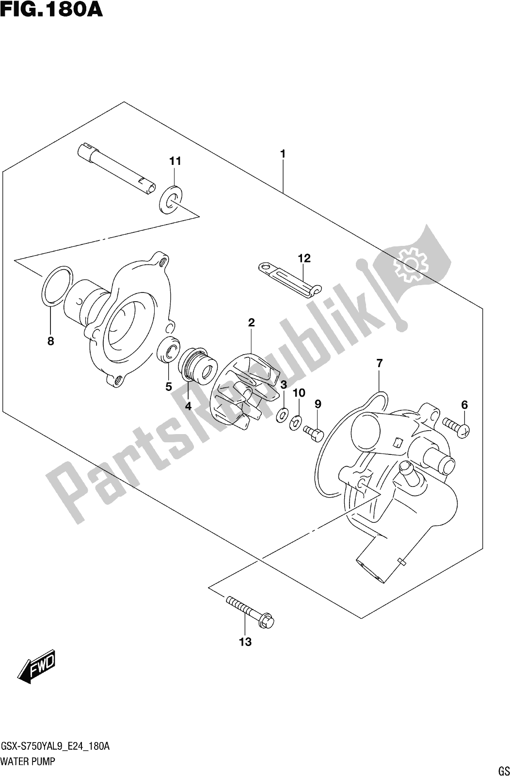 All parts for the Fig. 180a Water Pump of the Suzuki Gsx-s 750 YA 2019