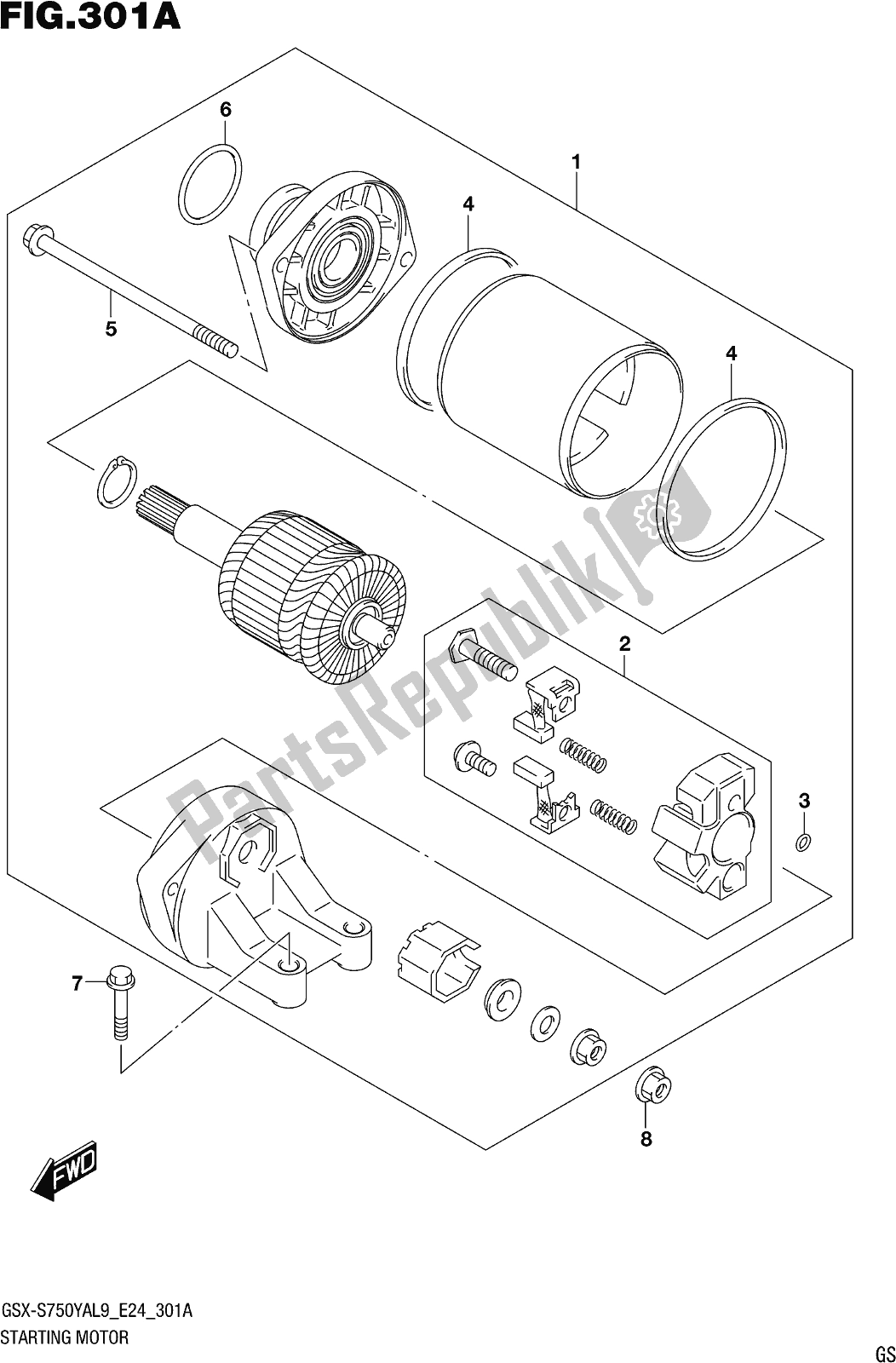 All parts for the Fig. 301a Starting Motor of the Suzuki Gsx-s 750 YA 2019