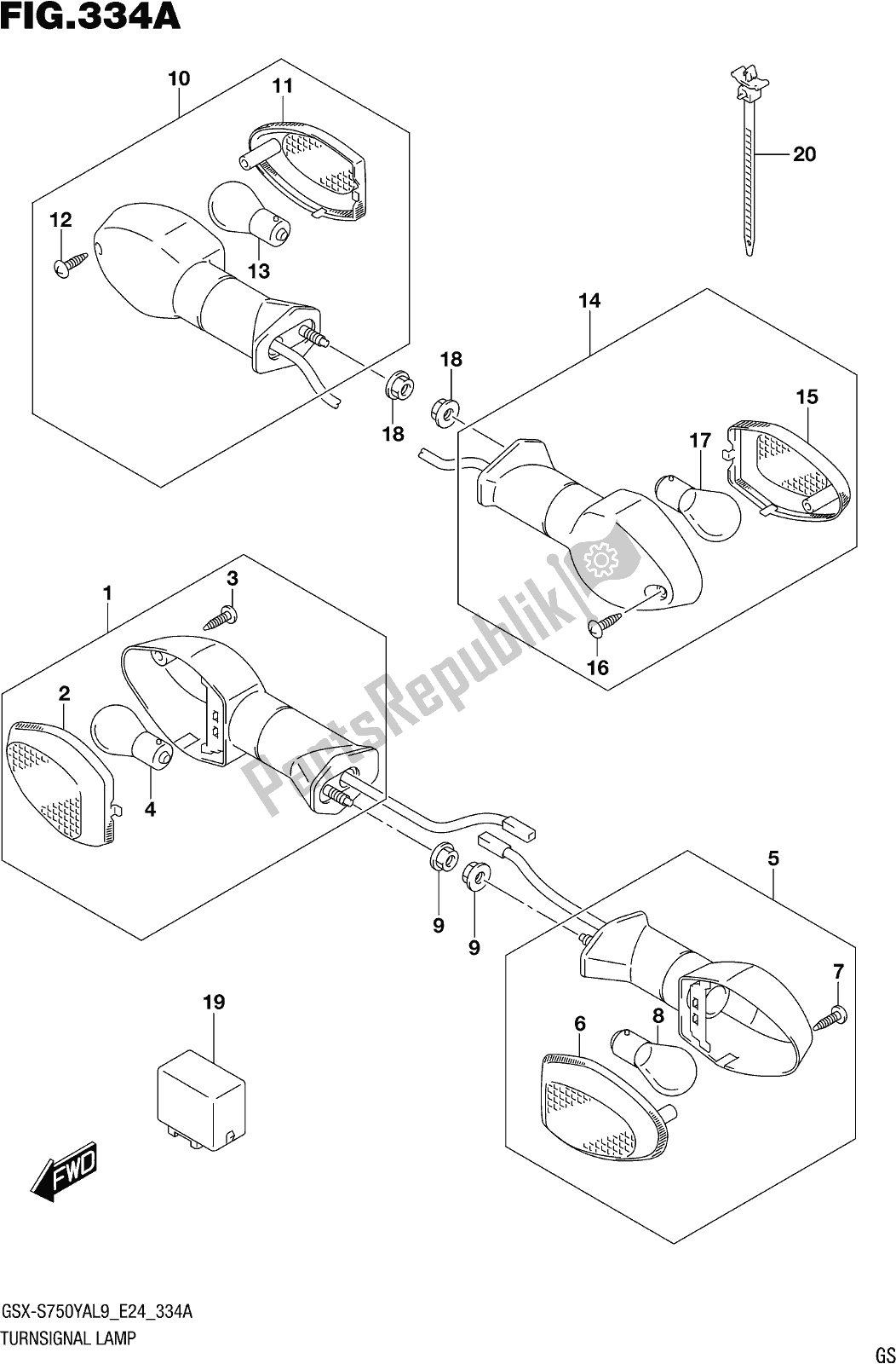 All parts for the Fig. 334a Turnsignal Lamp of the Suzuki Gsx-s 750 YA 2019