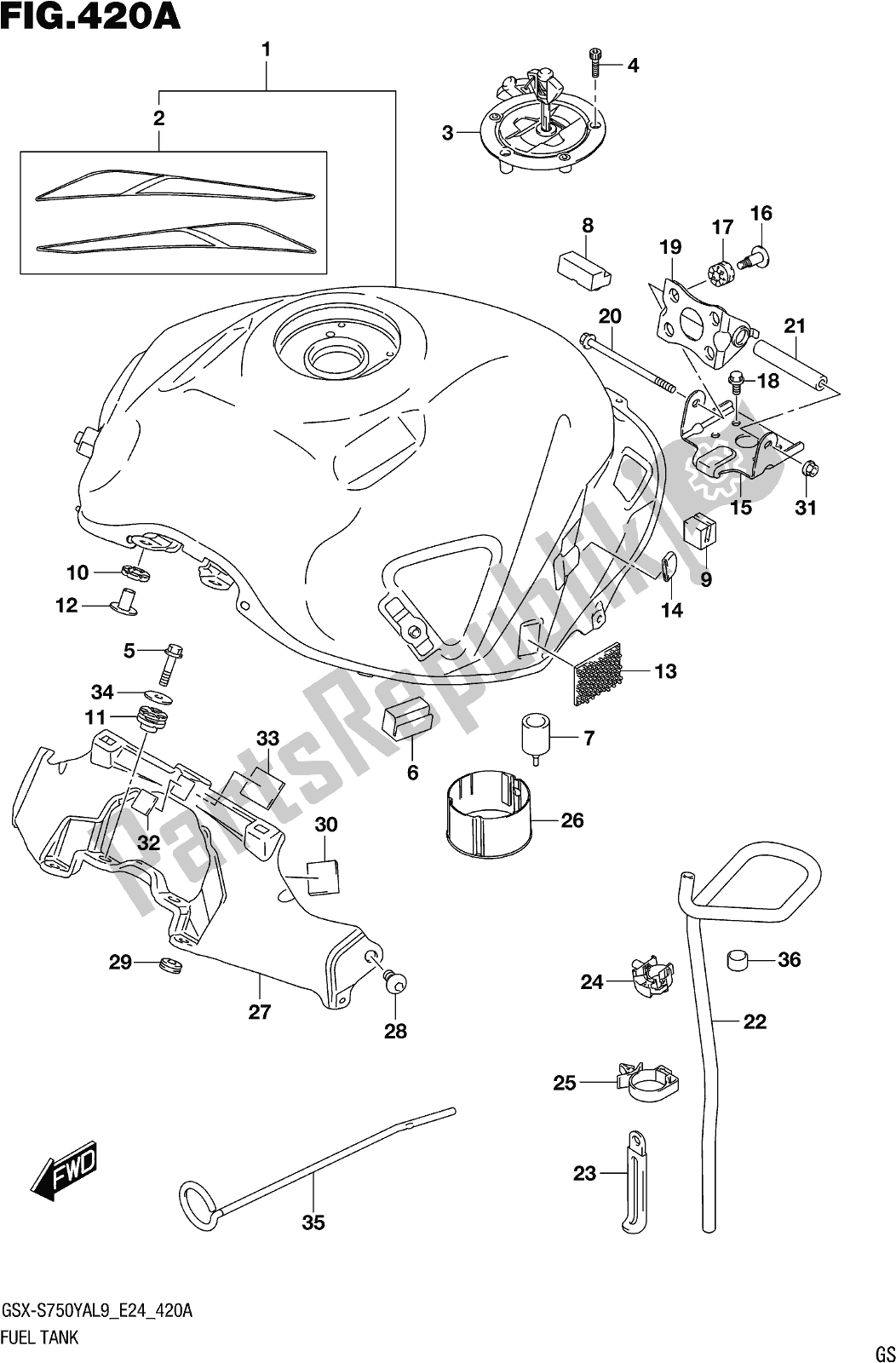 All parts for the Fig. 420a Fuel Tank (gsx-s750yal9 E24) of the Suzuki Gsx-s 750 YA 2019