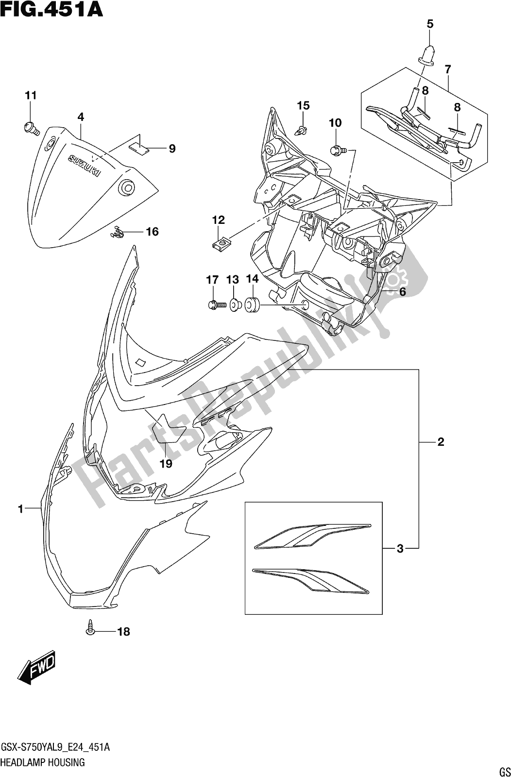 Alle onderdelen voor de Fig. 451a Headlamp Housing (gsx-s750yal9 E24) van de Suzuki Gsx-s 750 YA 2019