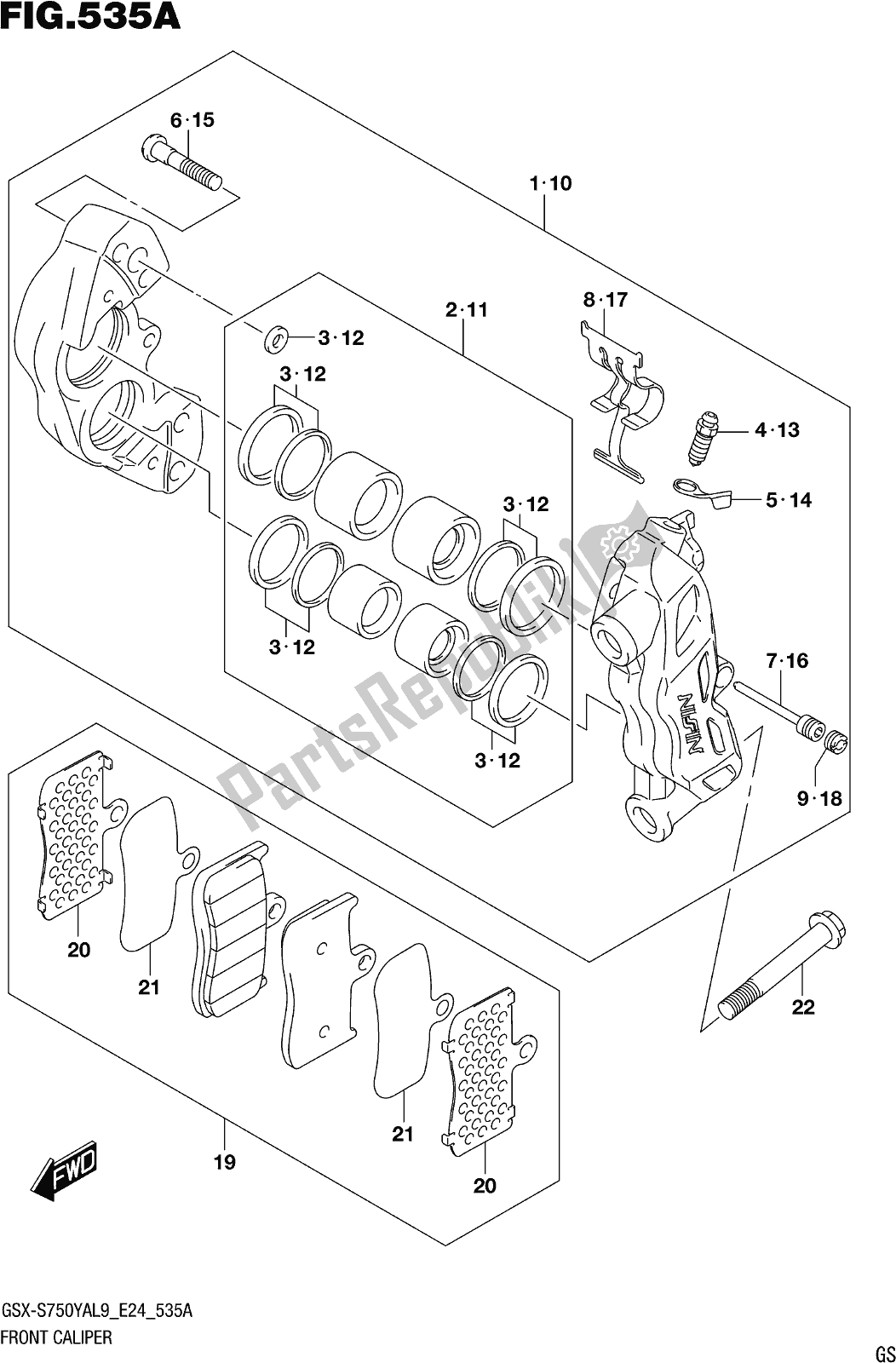 Alle onderdelen voor de Fig. 535a Front Caliper van de Suzuki Gsx-s 750 YA 2019