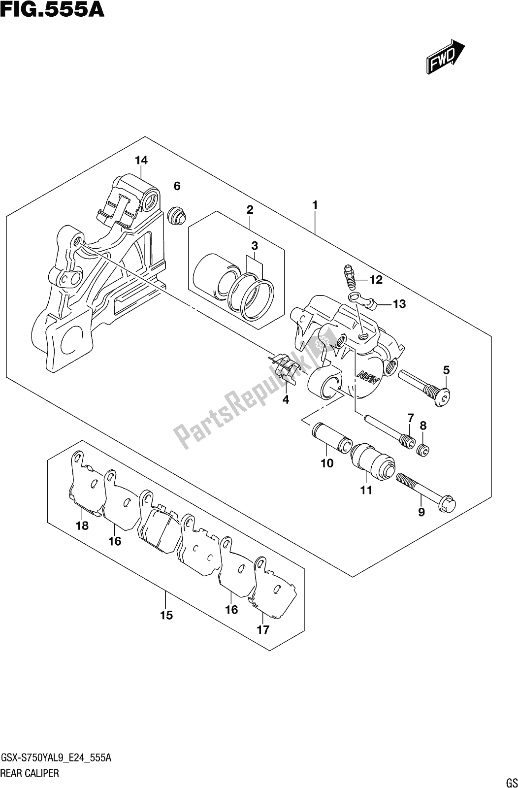 All parts for the Fig. 555a Rear Caliper of the Suzuki Gsx-s 750 YA 2019