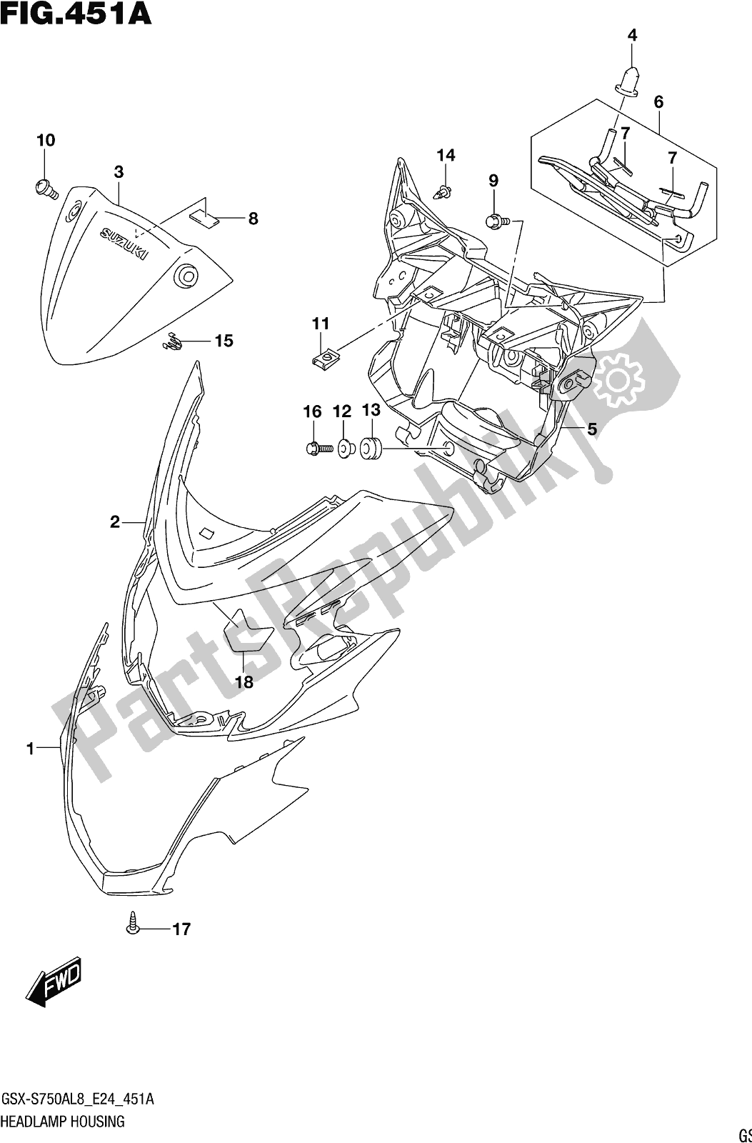 Tutte le parti per il Fig. 451a Headlamp Housing del Suzuki Gsx-s 750 ZA 2018