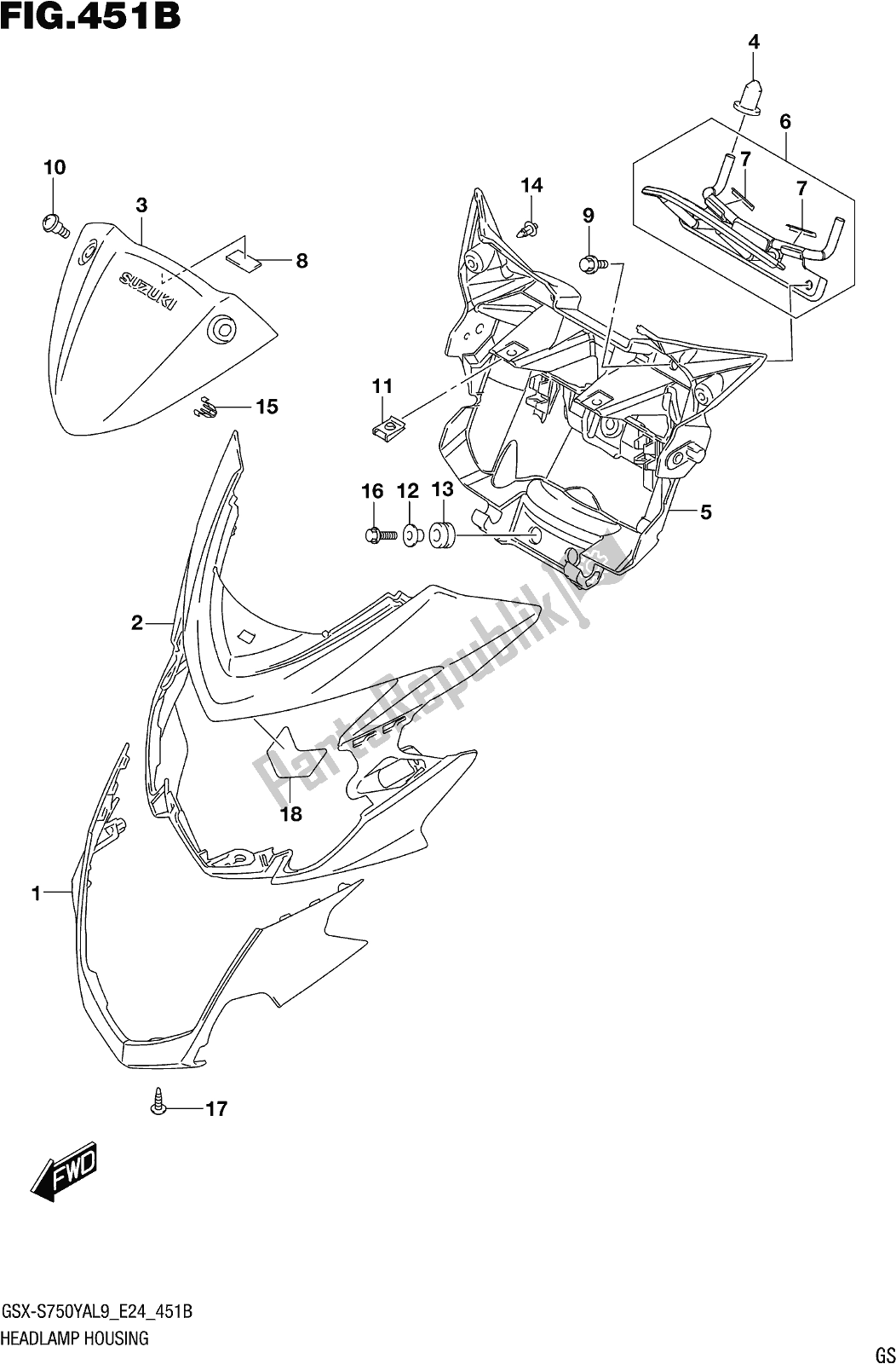 Alle onderdelen voor de Fig. 451b Headlamp Housing (gsx-s750zal9 E24) van de Suzuki Gsx-s 750 ZA 2019