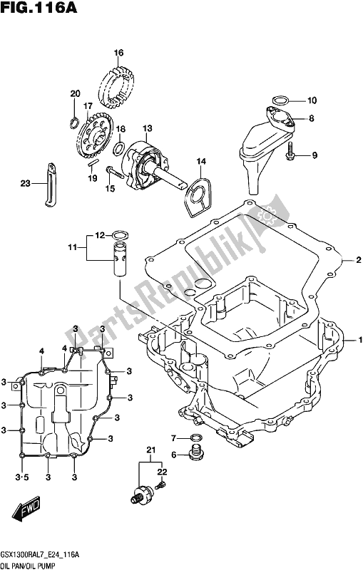 Alle onderdelen voor de Oil Pan/oil Pump van de Suzuki GSX 1300 RA 2017