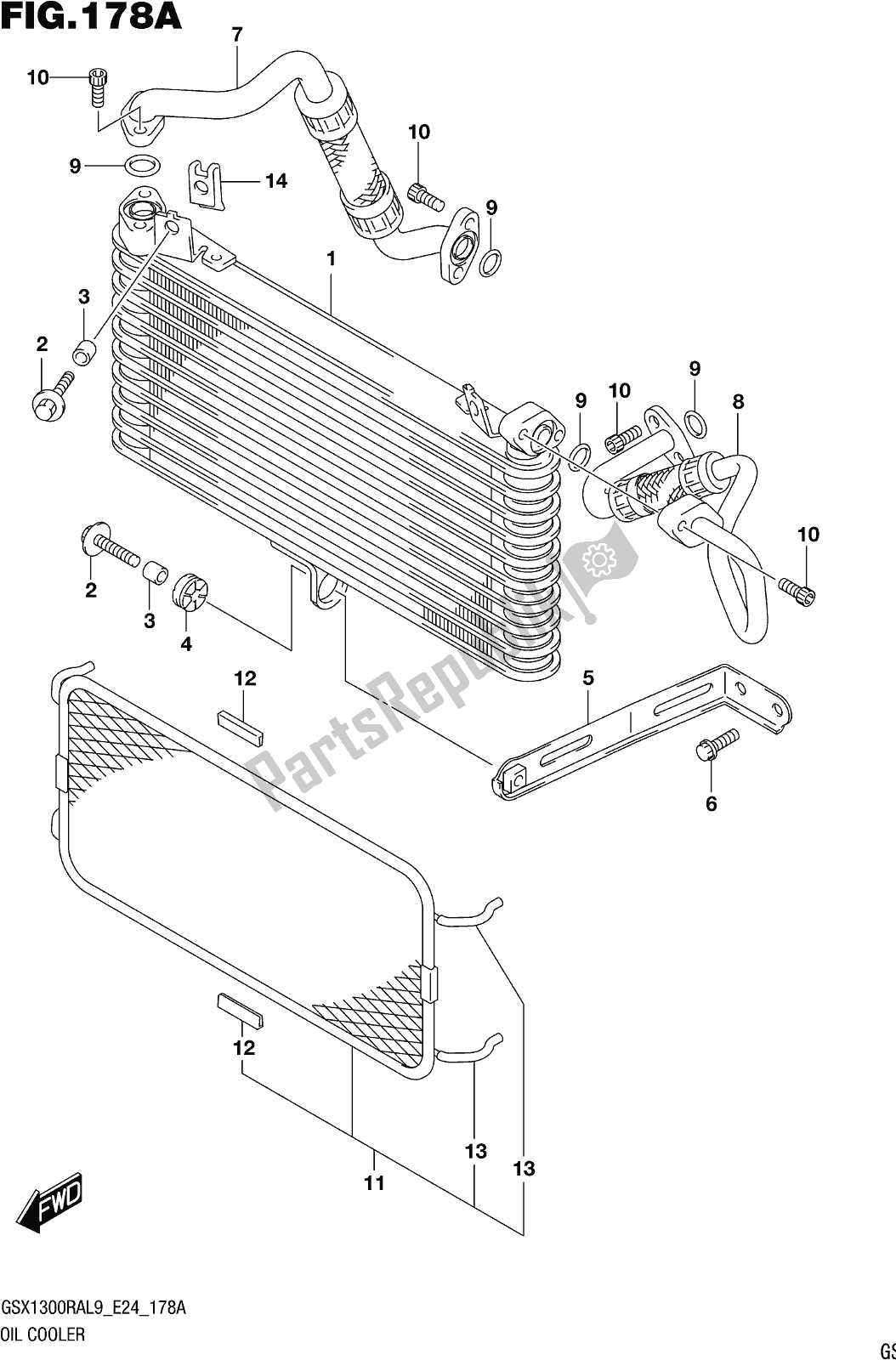 All parts for the Fig. 178a Oil Cooler of the Suzuki GSX 1300 RA 2019