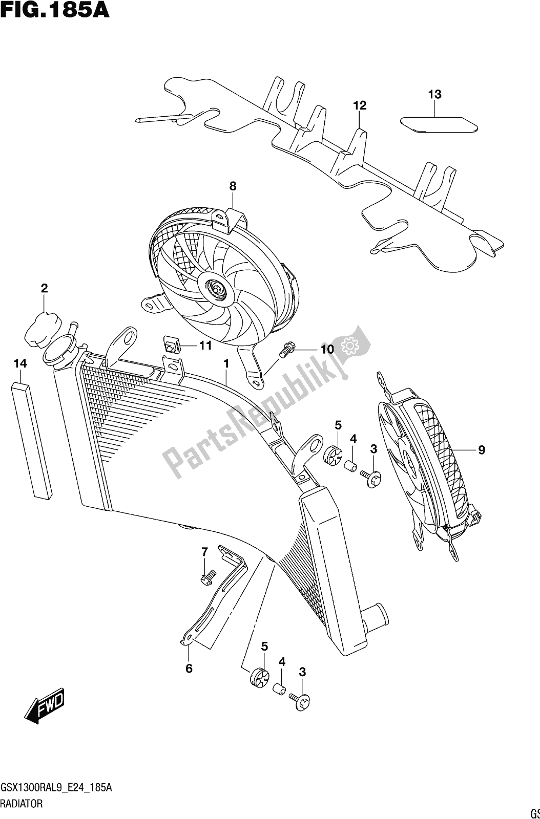 Todas as partes de Fig. 185a Radiator do Suzuki GSX 1300 RA 2019