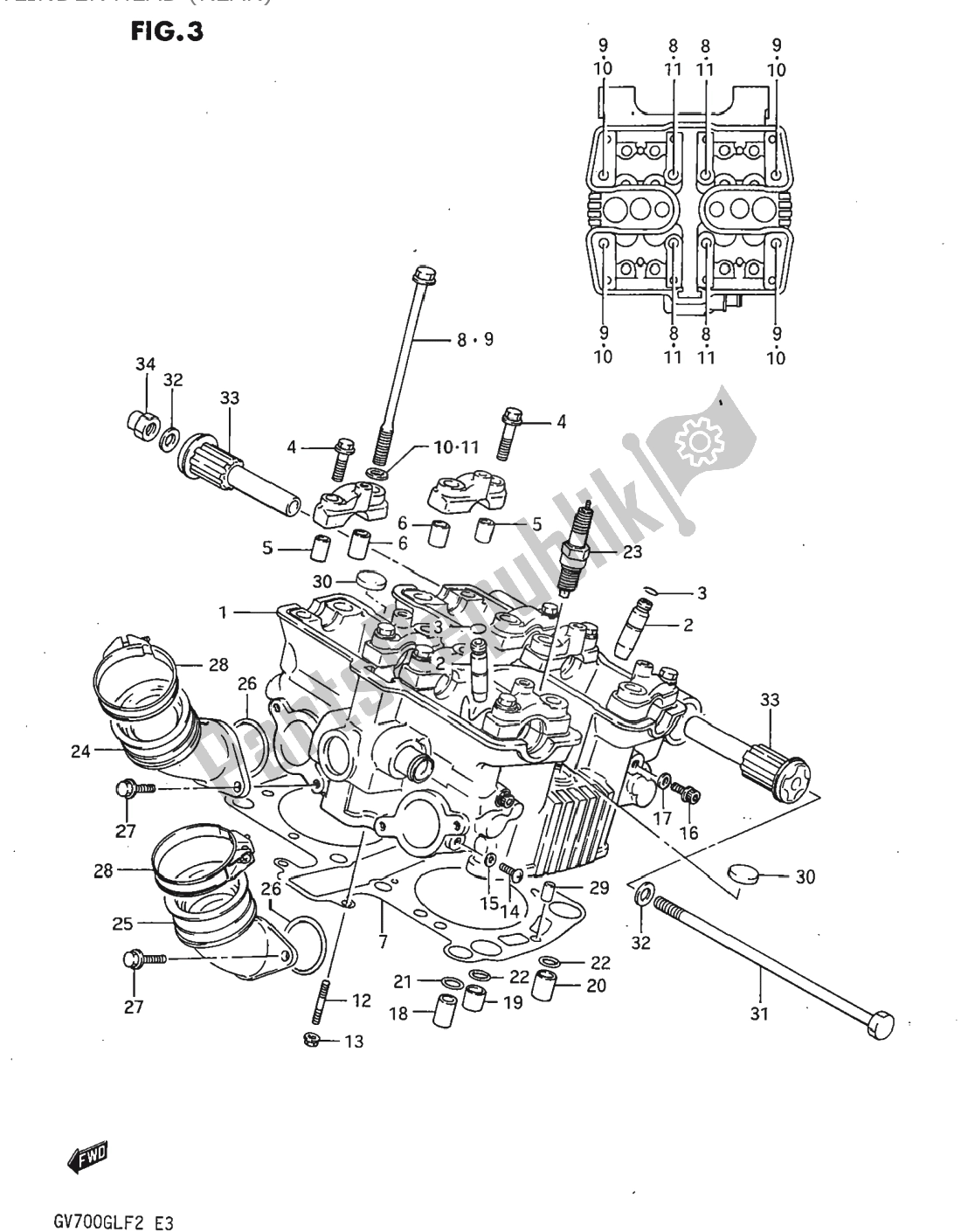 All parts for the Cylinder Head (rear) of the Suzuki GV 700 Madura 1985