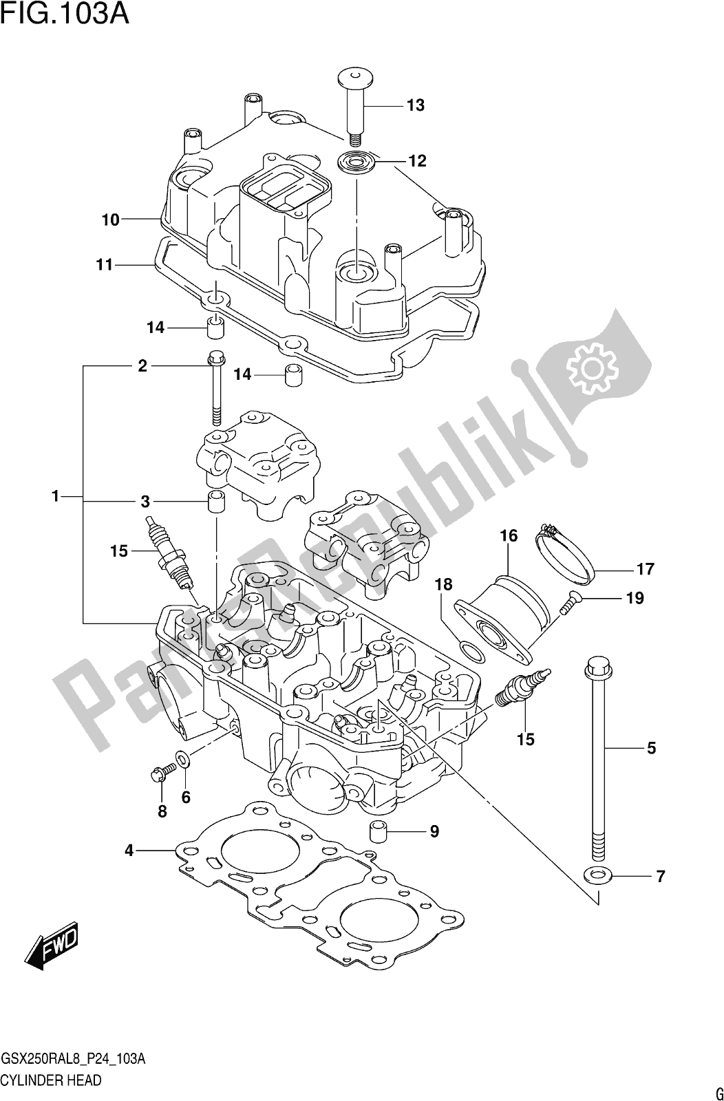 All parts for the Fig. 103a Cylinder Head of the Suzuki GW 250 RA 2018