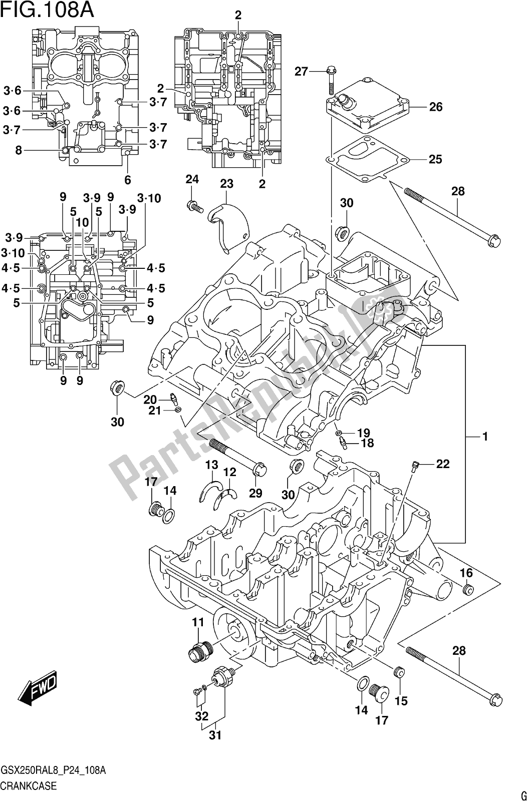 Alle onderdelen voor de Fig. 108a Crankcase van de Suzuki GW 250 RA 2018