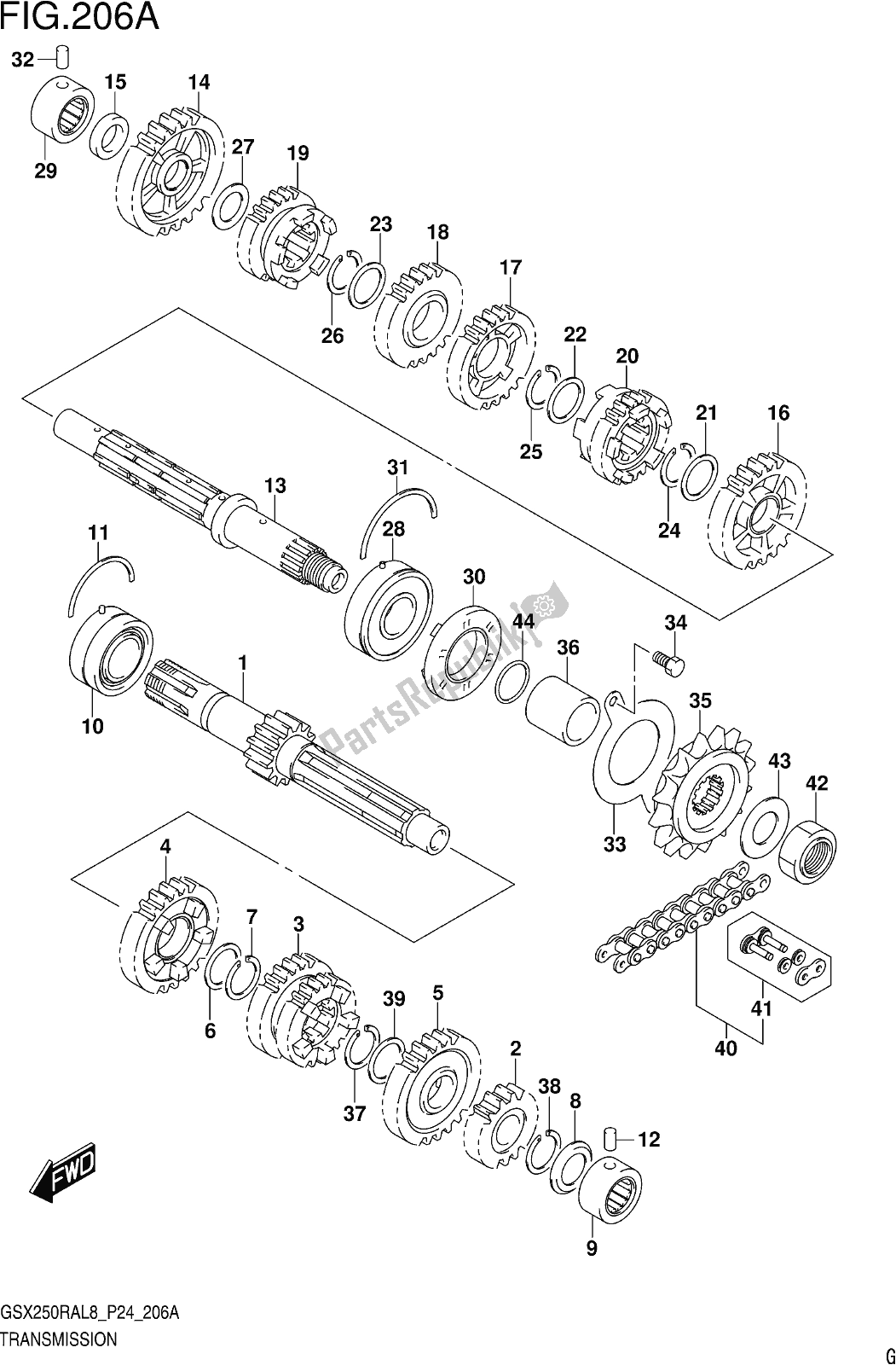 All parts for the Fig. 206a Transmission of the Suzuki GW 250 RA 2018