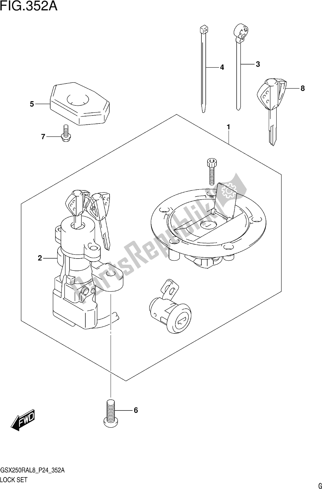 Alle onderdelen voor de Fig. 352a Lock Set van de Suzuki GW 250 RA 2018