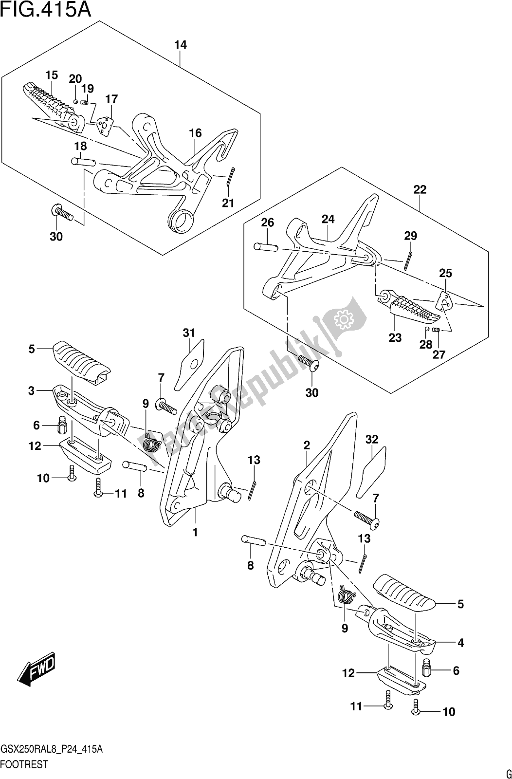 Alle onderdelen voor de Fig. 415a Footrest van de Suzuki GW 250 RA 2018