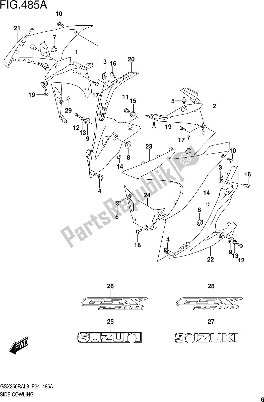 Alle onderdelen voor de Fig. 485a Side Cowling (gw250ral8 P24) van de Suzuki GW 250 RA 2018