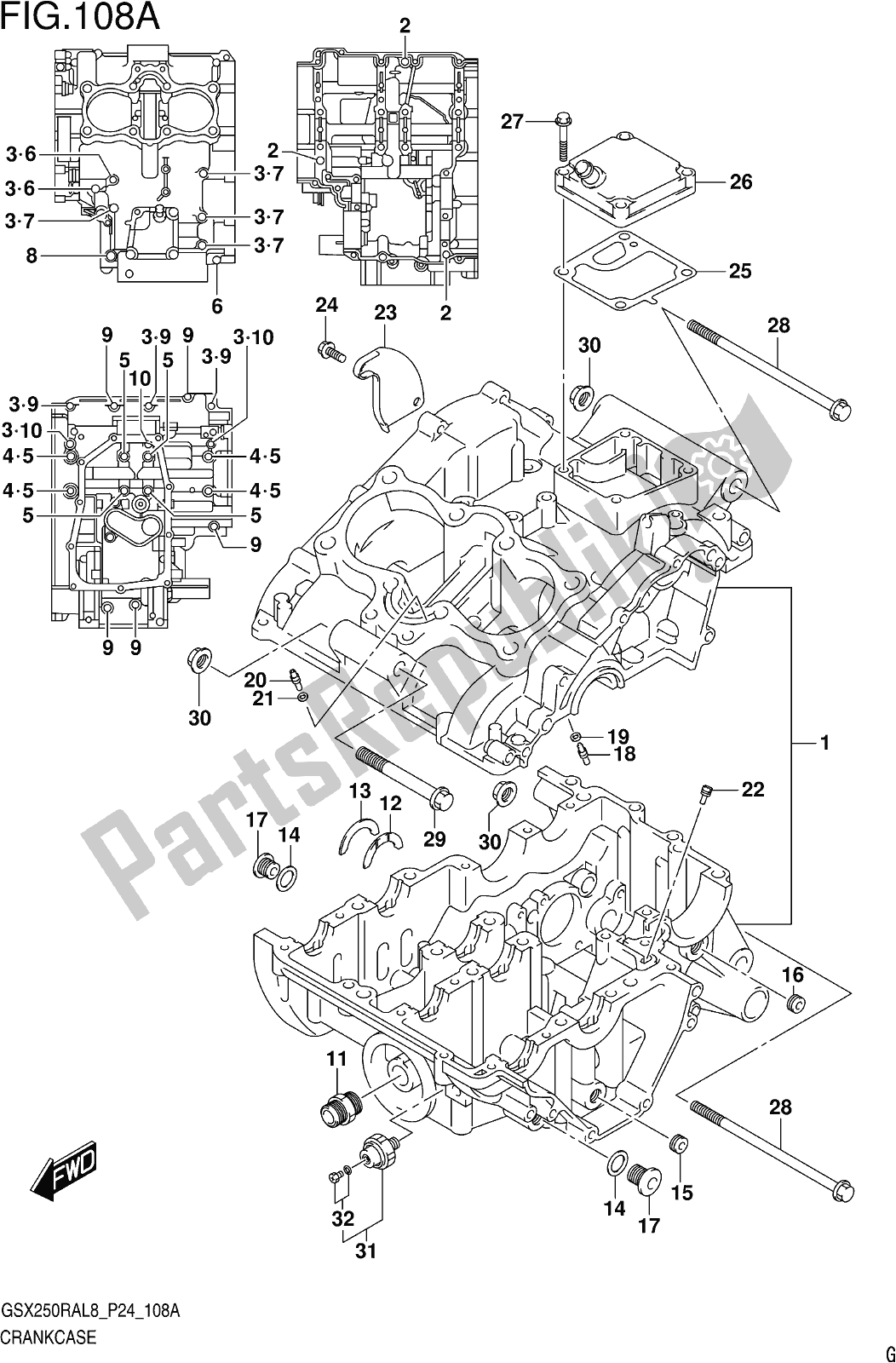 Alle onderdelen voor de Fig. 108a Crankcase van de Suzuki GW 250 RAZ 2018