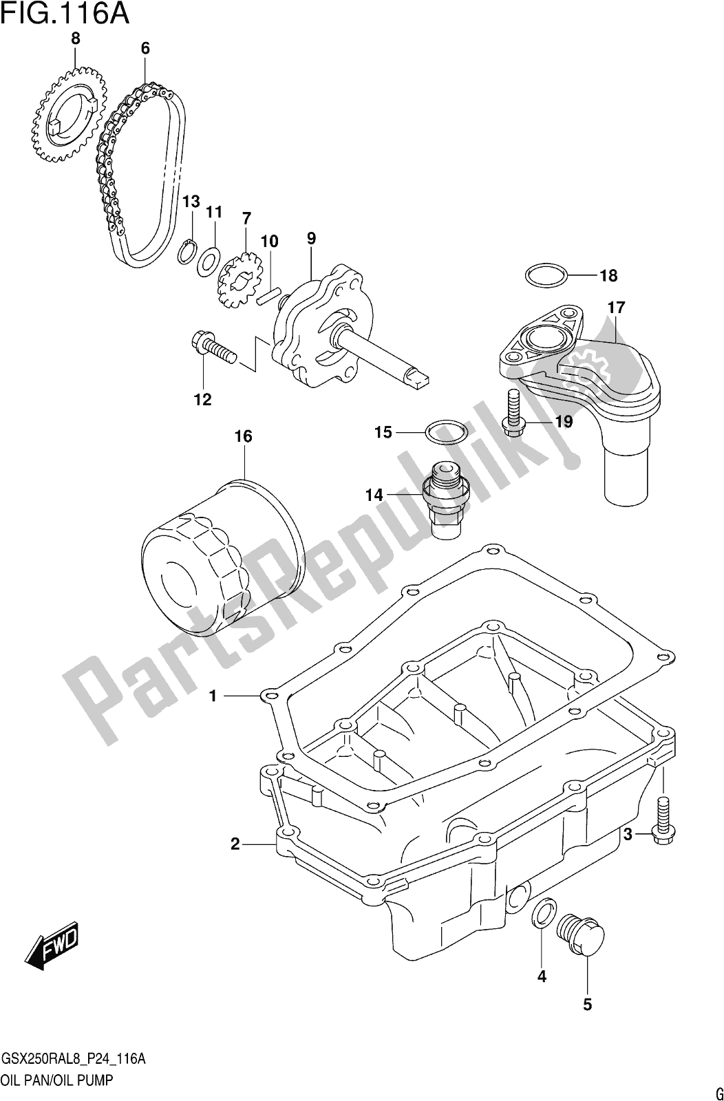 All parts for the Fig. 116a Oil Pan/oil Pump of the Suzuki GW 250 RAZ 2018