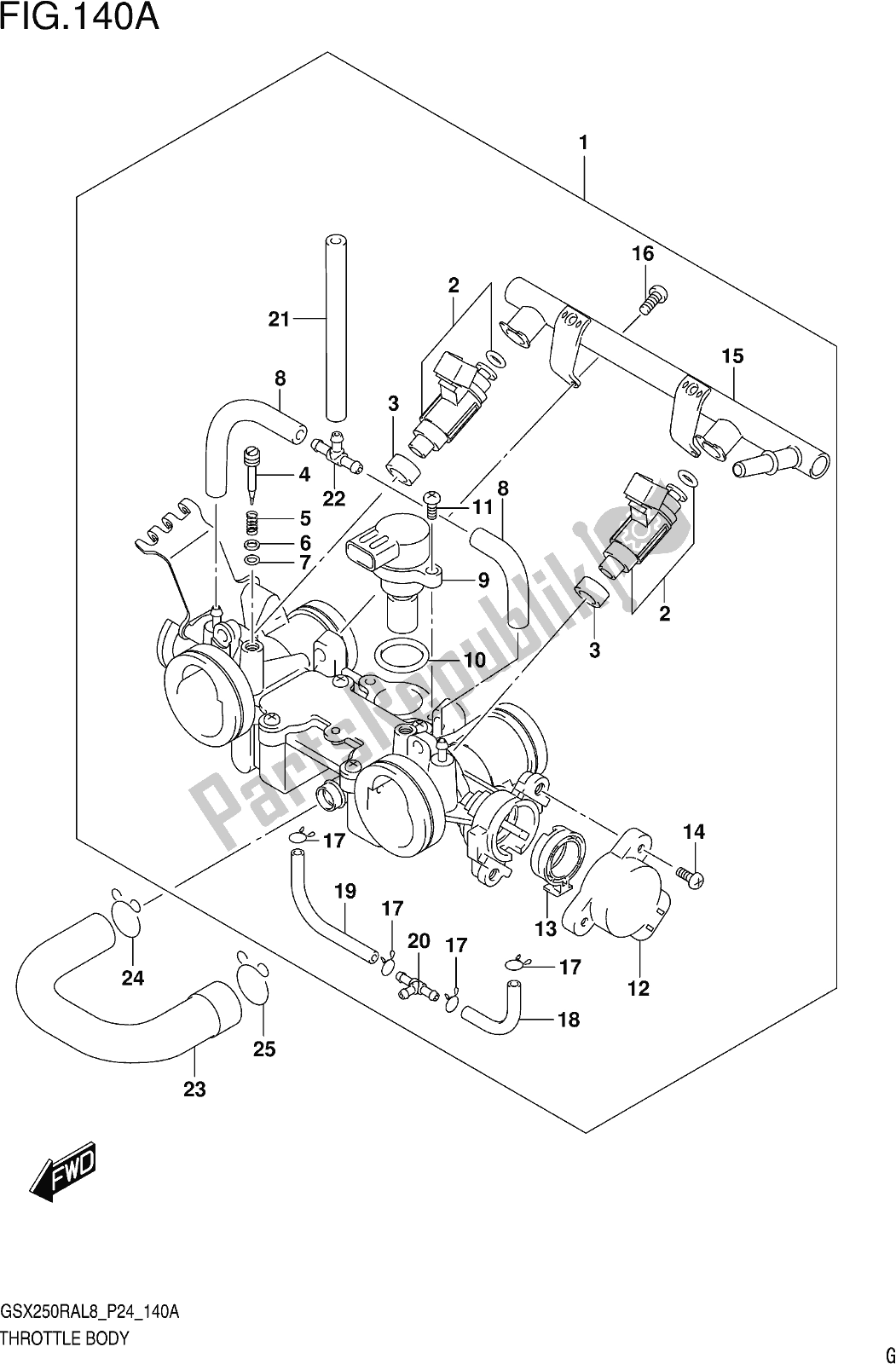 Alle onderdelen voor de Fig. 140a Throttle Body van de Suzuki GW 250 RAZ 2018