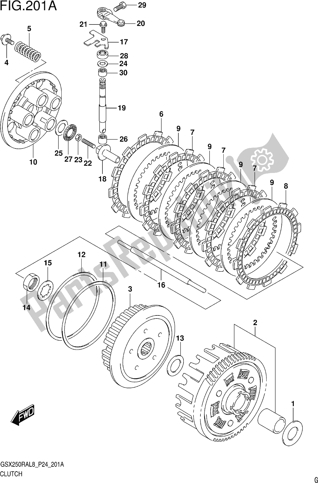 All parts for the Fig. 201a Clutch of the Suzuki GW 250 RAZ 2018