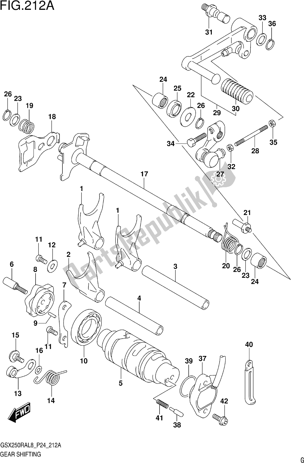 Alle onderdelen voor de Fig. 212a Gear Shifting van de Suzuki GW 250 RAZ 2018