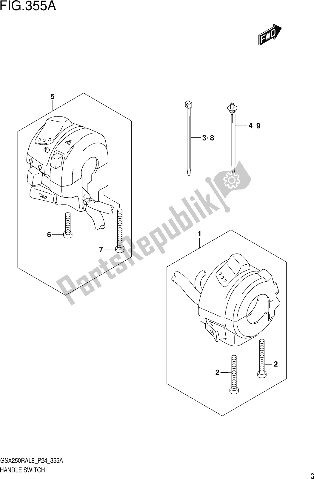 All parts for the Fig. 355a Handle Switch of the Suzuki GW 250 RAZ 2018
