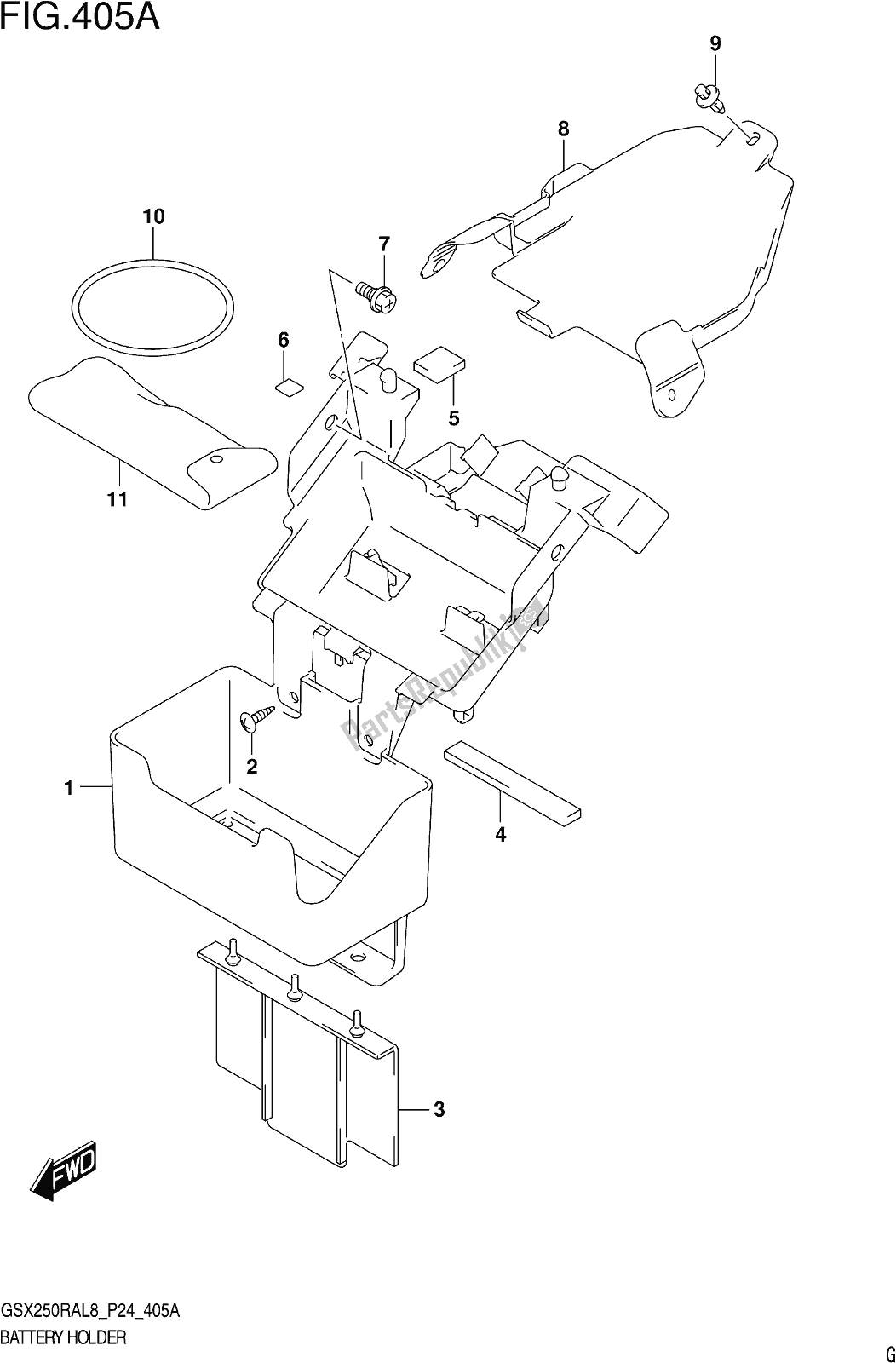 All parts for the Fig. 405a Battery Holder of the Suzuki GW 250 RAZ 2018