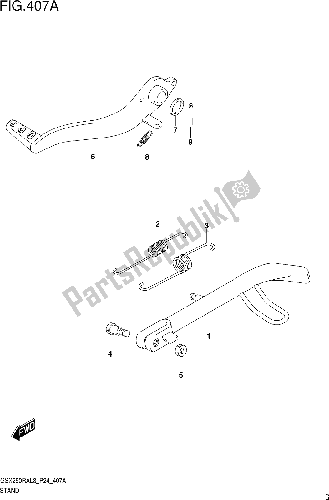 All parts for the Fig. 407a Stand of the Suzuki GW 250 RAZ 2018