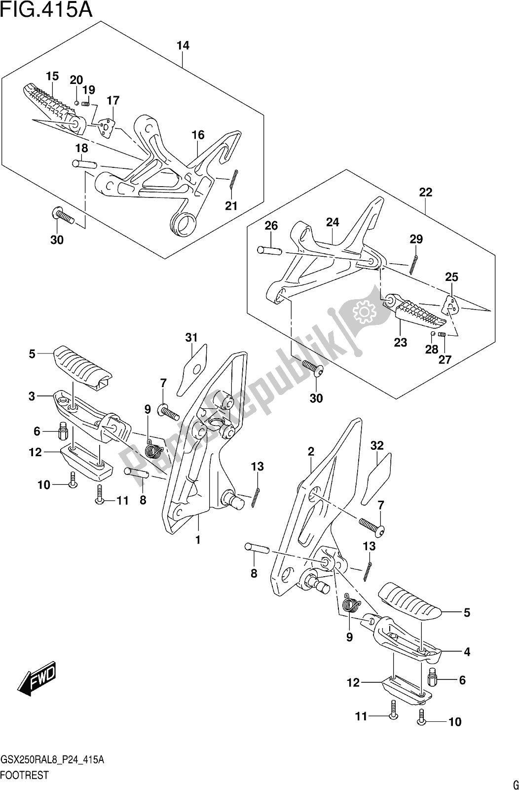 All parts for the Fig. 415a Footrest of the Suzuki GW 250 RAZ 2018