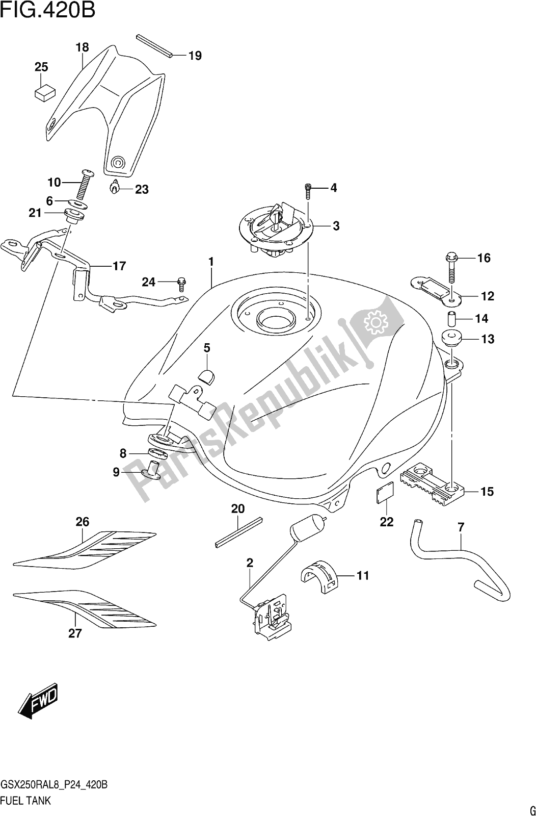 All parts for the Fig. 420b Fuel Tank (gw250razl8 P24) of the Suzuki GW 250 RAZ 2018