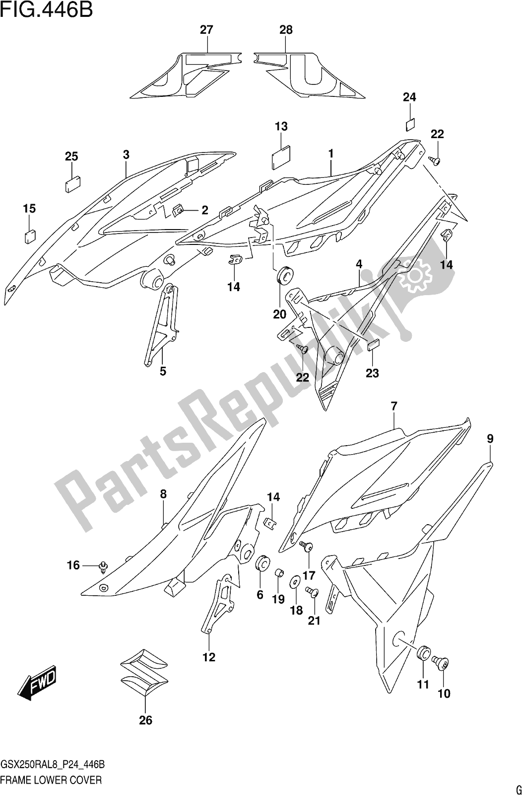 All parts for the Fig. 446b Frame Lower Cover (gw250razl8 P24) of the Suzuki GW 250 RAZ 2018