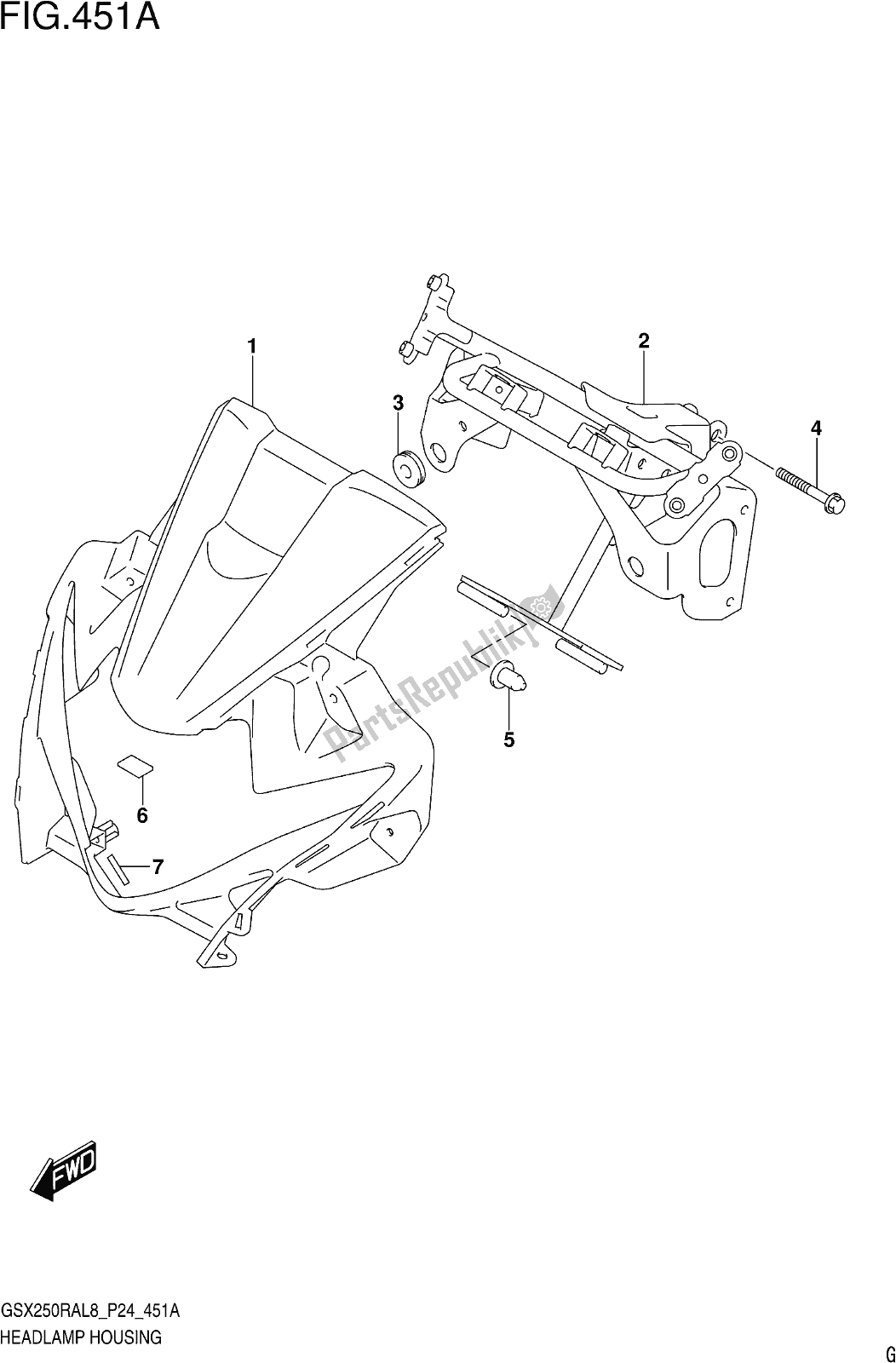 Alle onderdelen voor de Fig. 451a Headlamp Housing van de Suzuki GW 250 RAZ 2018