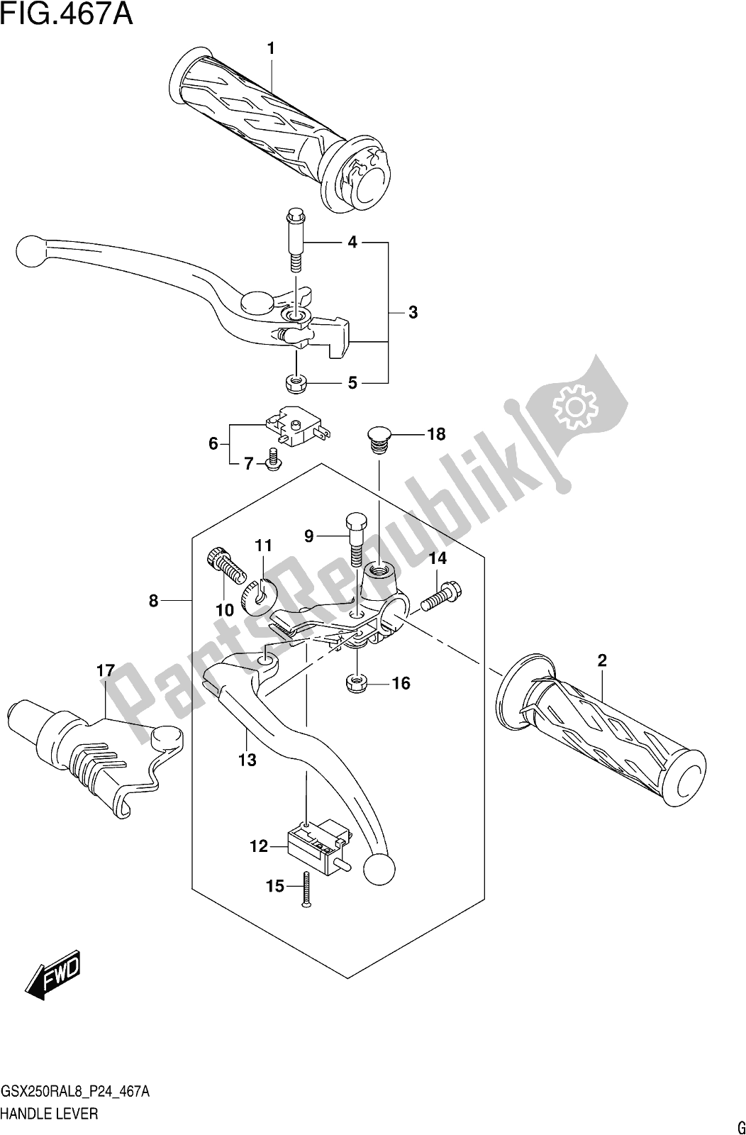 All parts for the Fig. 467a Handle Lever of the Suzuki GW 250 RAZ 2018