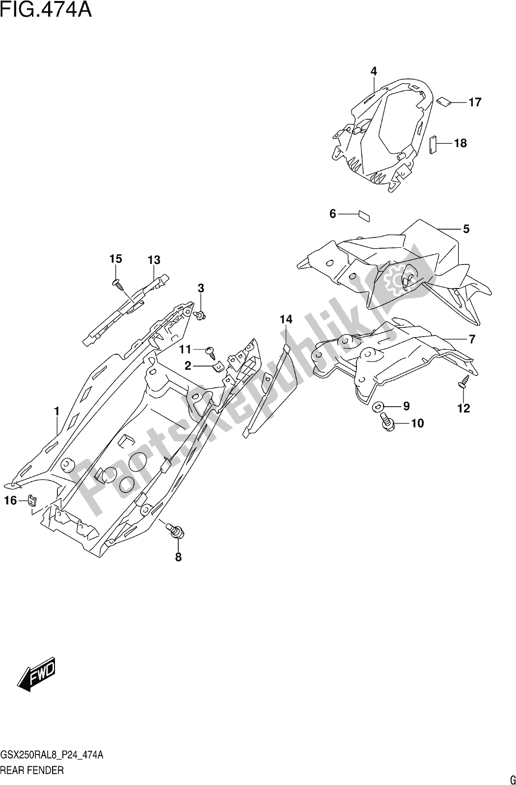 All parts for the Fig. 474a Rear Fender of the Suzuki GW 250 RAZ 2018