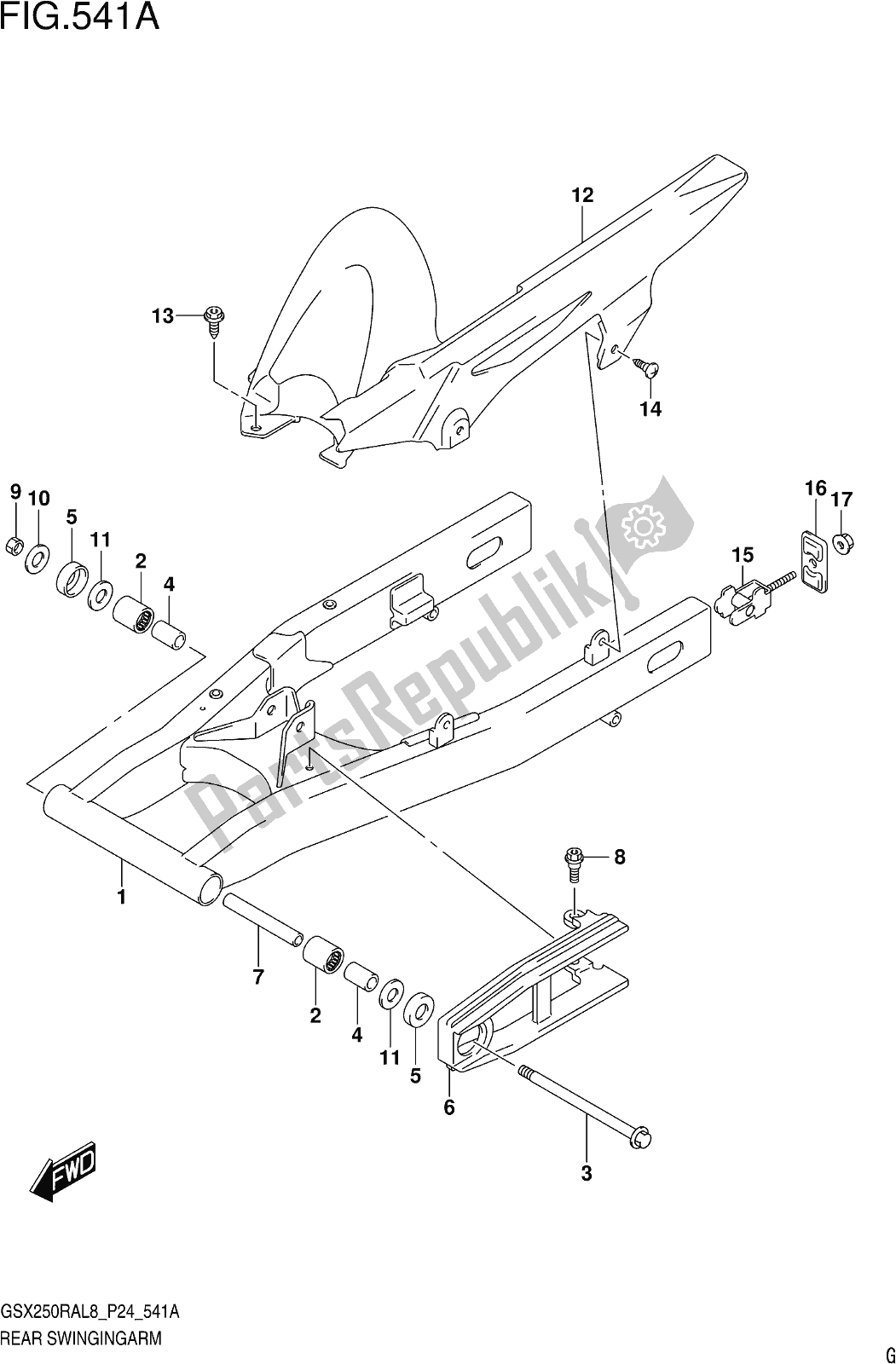 Alle onderdelen voor de Fig. 541a Rear Swingingarm van de Suzuki GW 250 RAZ 2018