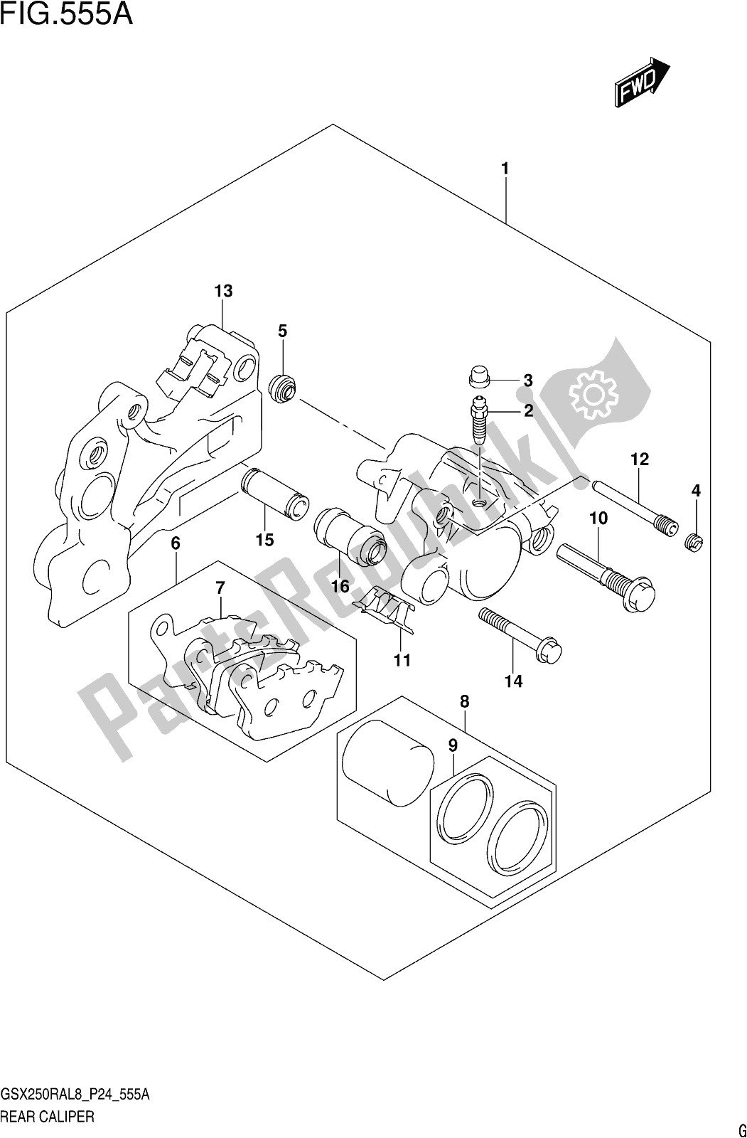 Alle onderdelen voor de Fig. 555a Rear Caliper van de Suzuki GW 250 RAZ 2018